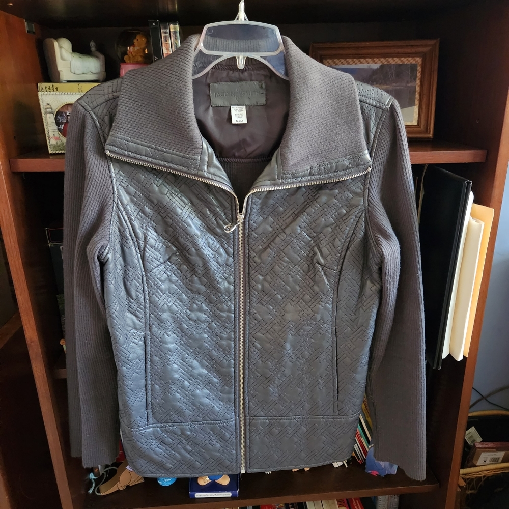 Jaclyn Smith, size M, gray faux leather sweater/jacket